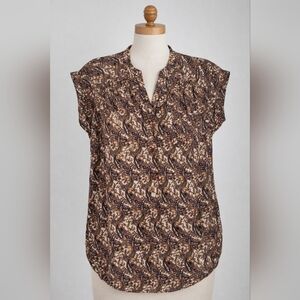 Pleione Paisley Button Front Blouse | Women's Short Sleeve Boho Top Medium